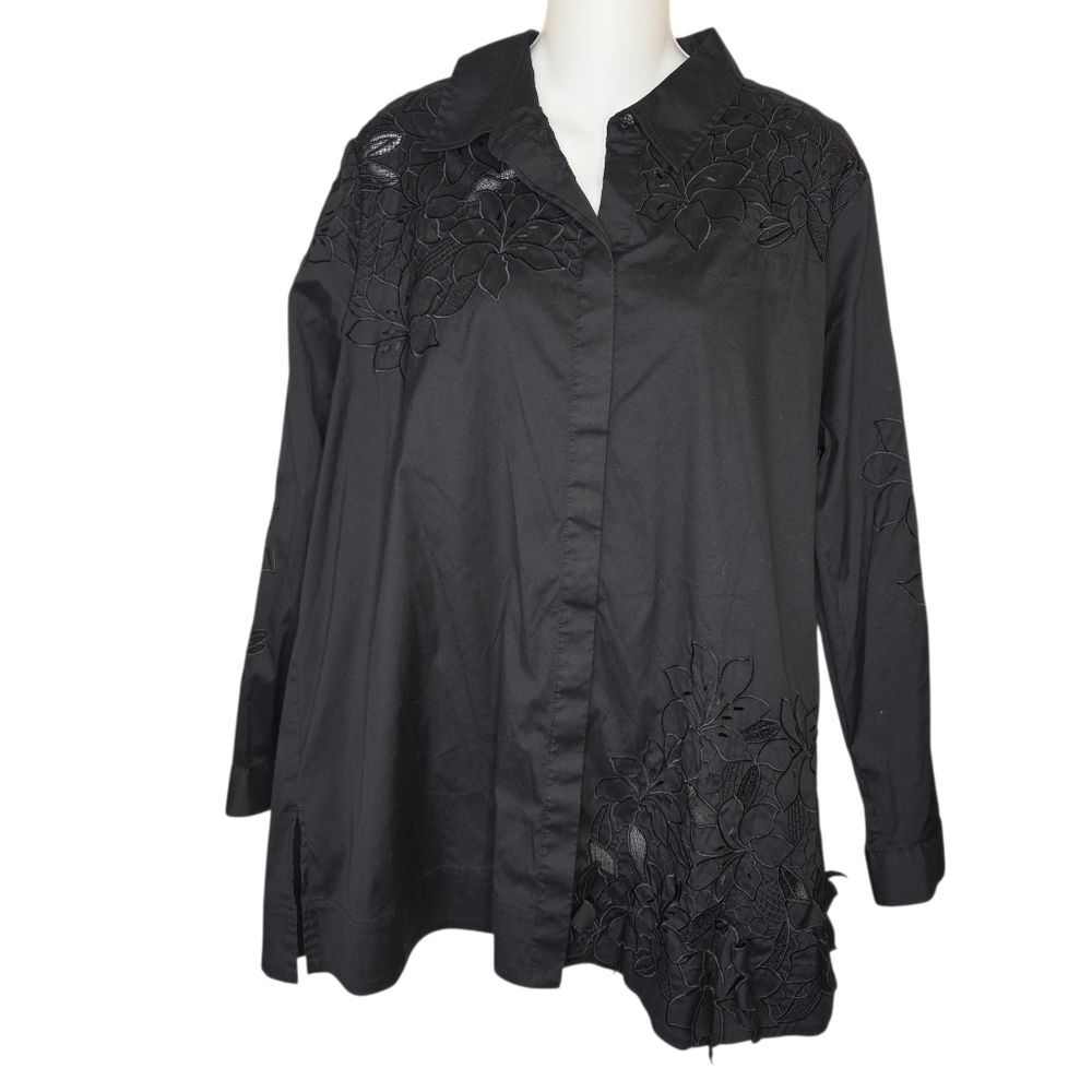 Chico's NWOT Black Poplin Lace Long-Sleeve Button-Up Tunic Top Blouse 3 (16)